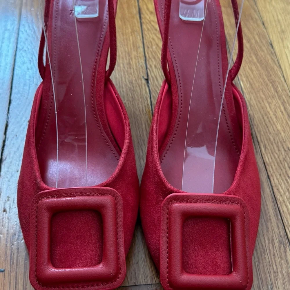 H&M Red Slingback Heels with Buckle, size 7 classic retro boho pointy toe office - Picture 3 of 11